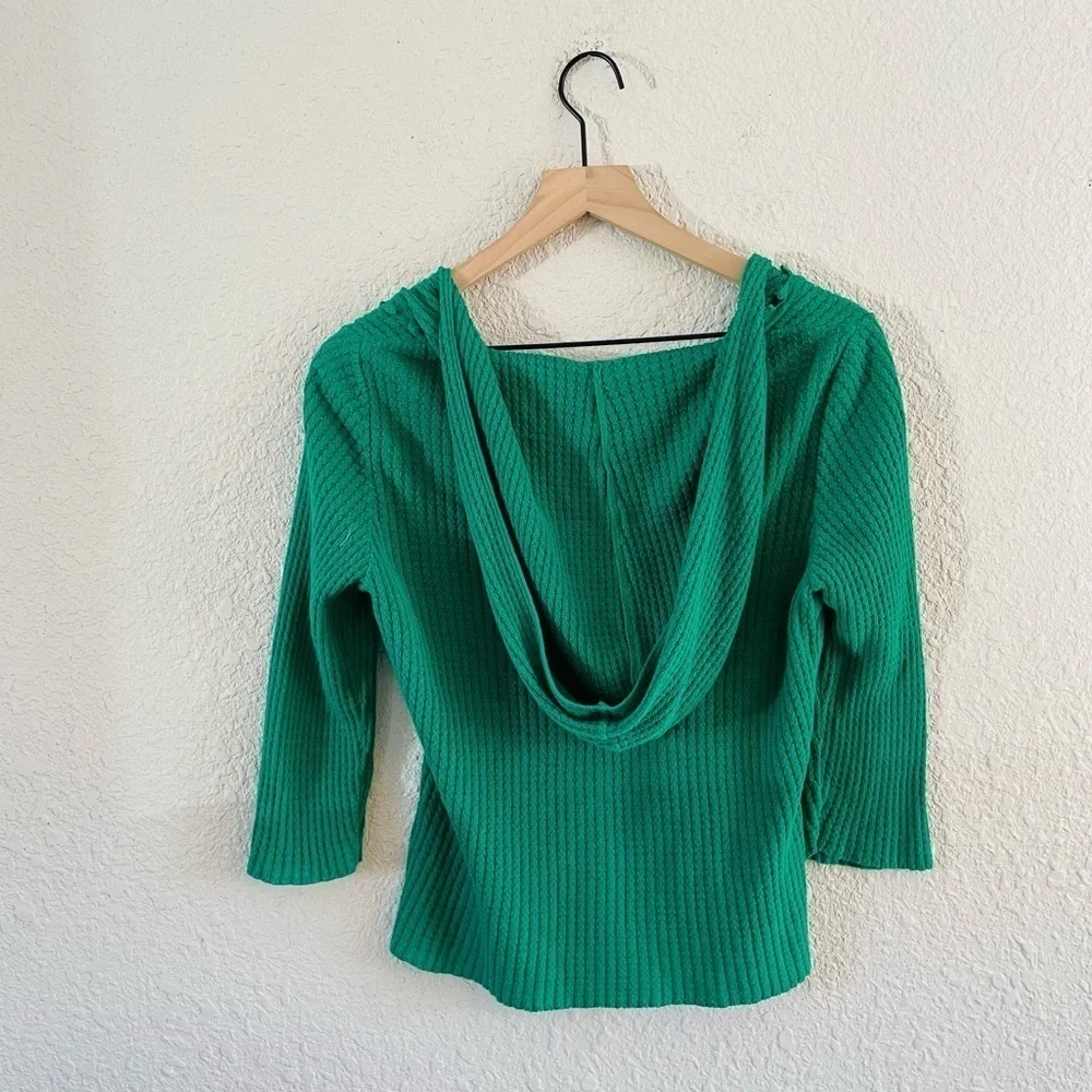 Anthropologie Knitted & Knotted Kelly Green Waffle Knit Hooded Tie Front Sweater